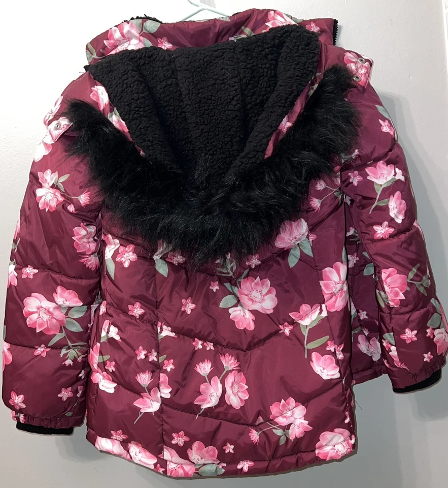 Девочек Children's Place цветочный флис с подкладкой пуховик куртка с меховым капюшоном-7/8 - Изображение 3 из 4