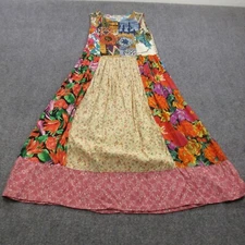 Citron Dress Women Small Patchwork Red Floral Rayon Cottage Boho Pullover A Line