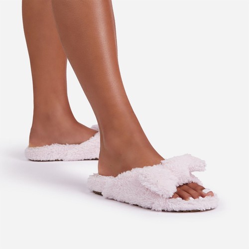 Luxemoda Women's Cloud Bow Detail Flat Slider Faux Shearling Sandal Blush Pink - Bild 3 von 5