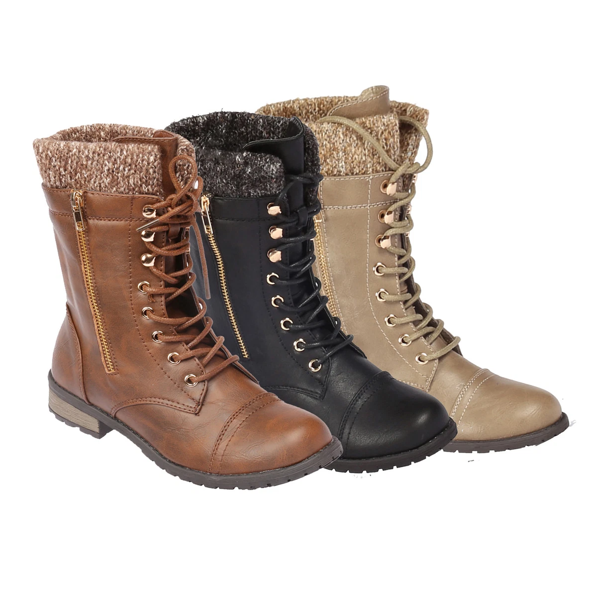 Forever Link Women s Mango 31 Round Toe Military Knit Ankle Cuff Low Heel Boots