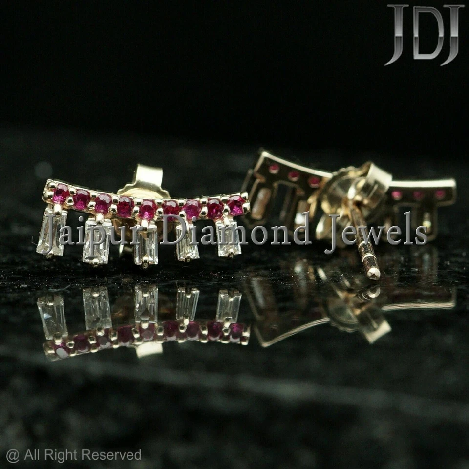 Solid 14k Yellow Gold Jewelry Baguette Diamond Ruby Gemstone Designer Earring - Image 3 of 4