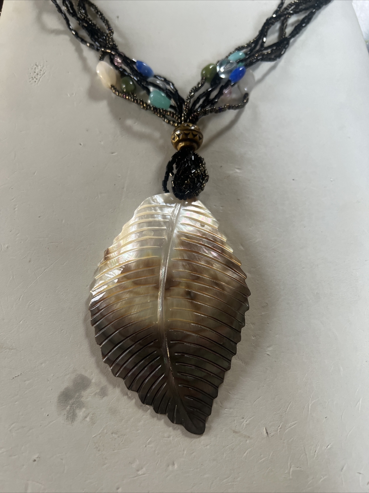 Vintage Large Abalone Leaf Shell Beaded Necklace … - image 3