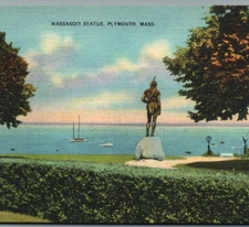 MASSASOIT Statue Plymouth Massachusetts MA. VTG Linen Postcard -pb110