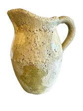 Vintage Earthenware Rustic Pitcher Heavy 8 Lbs 10 In Tall 8 In Wide Half Glazed