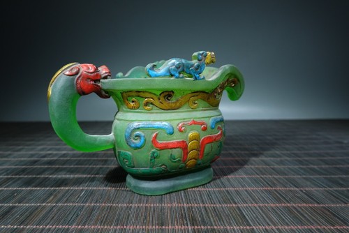 Ottima porcellana arte verde smalto colorato statua drago intagliato colore dipinto tazza - Foto 2 di 9