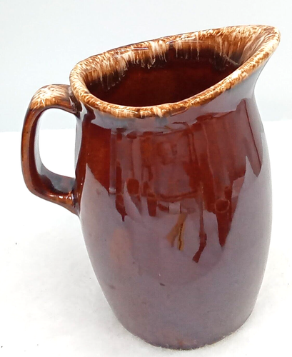 Hull Pottery Brown Drip Creamer Pitcher Handle Tan Rim Stoneware Vintage USA 4" - Picture 2 of 7