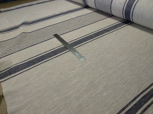 100% linen fabric 240gsm French grey navy blue stripes sack vintage pattern - Picture 5 of 35