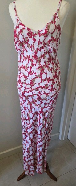 BAREFOOT BLONDE Womens S Pink Floral Slip Dress Rayon Maxi Spaghetti Strap Boho