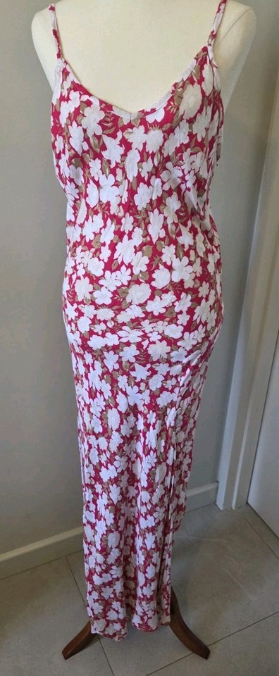 BAREFOOT BLONDE Womens S Pink Floral Slip Dress Rayon Maxi Spaghetti Strap Boho