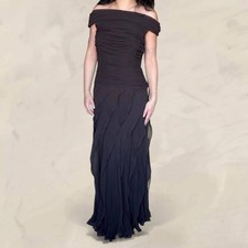Tadashi Shoji silk chiffon flutter maxi dress evening gown off shoulder formal