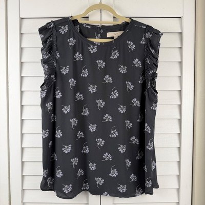 LOFT Ruffle Sleeve Blouse Women XL Black Floral Shell