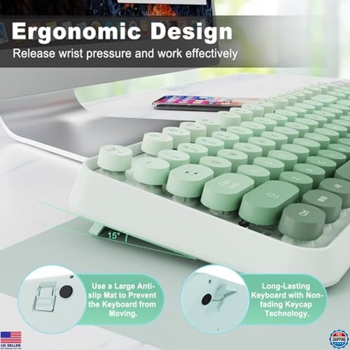 Wireless Keyboard & Mouse Combo - 104 Round Keys Retro Typewriter - Green - Picture 6 of 6