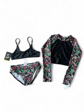 NWT Art Class Girls M 8 Black  Floral 3pc Swim Set Rash Guard Bikini Top Bottom