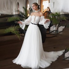 Elegant Strapless Wedding Dress Long Sleeves Lace Off Shoulder Mesh Bride Gown