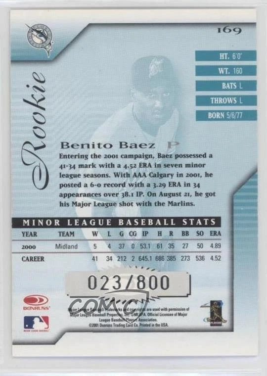 2001 Donruss Signature Series Rookie /800 Benito Baez #169 Rookie RC - Image 2 of 2