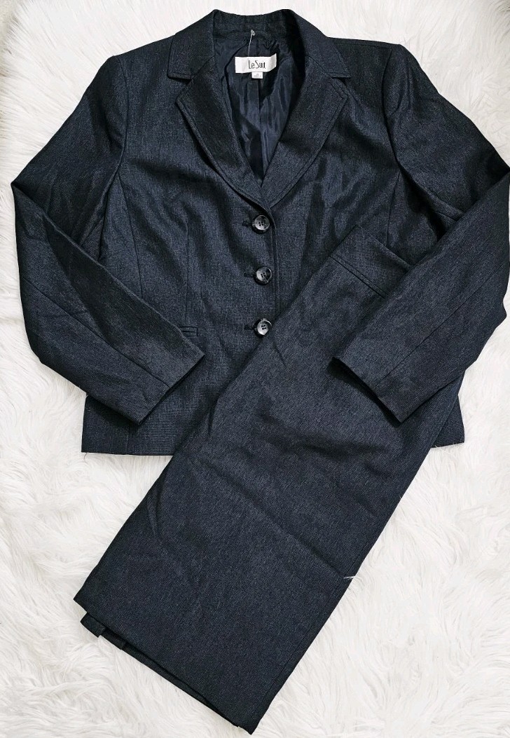 Le Suit Charcoal Gray/ Black Skirt Lined Micro Checked Suit Business Formal Sz12