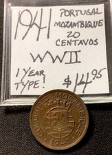 1941 Portugal Mozambique 20 Centavos! WWII! 1 Year Type! ENN Coins