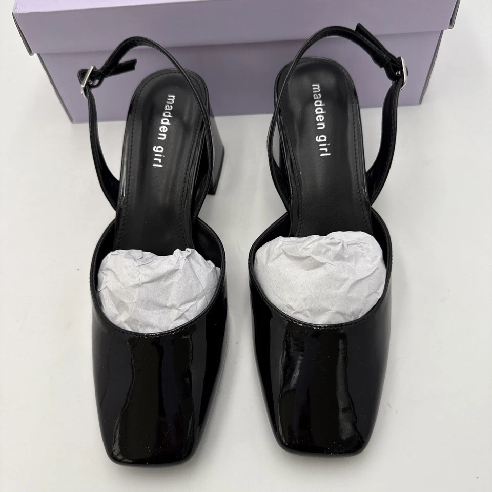 NIB Madden Girl Slingback Block Heels Women 8.5M Black Patent Novvaa - Image 2 of 4