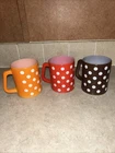Vintage MCM Federal Glass Co Red, Orange, Brown Polka Dot Milk Glass Mug