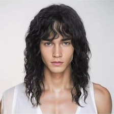 Men 80s Black Long Curly Mullet Rock Costume Wig Punk Heavy Metal Bangs