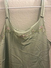 Oscar de la Renta Green Satin Embroidered Floral Slip Gown L Sleeveless