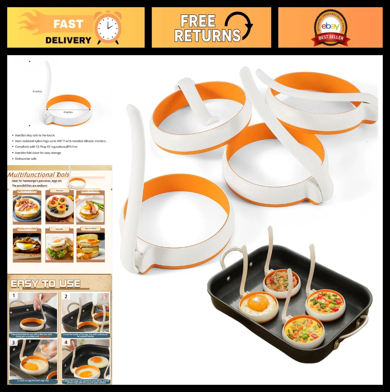 Nonstick Silicone Egg Cooker Rings Set, 4-Pack Round Molds for Pancakes & Breakf