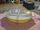 VINTAGE PYREX DIVIDED SUNFLOWER YELLOW CASSEROLE DISH WITH CLEAR LID #945 Read