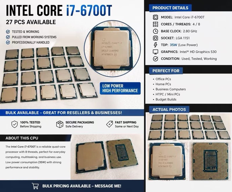 Intel Core i7-6700T 2.80GHz 4-Core LGA1151 CPU 8MB L3 8GT/s SR2L3.       27pcs