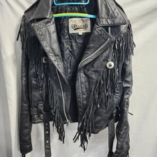 Vintage Open Road Black Leather Jacket Fringe Concho Motorcycle Size 42