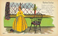 Postcard Woman Yellow Dress Snow Cat ~ Christmas Greetings