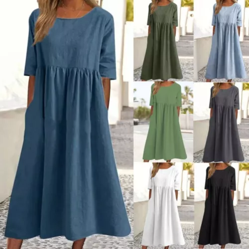 Womens Short Sleeve Pleated Midi Dress Ladies Casual Baggy Solid Swing Dresses