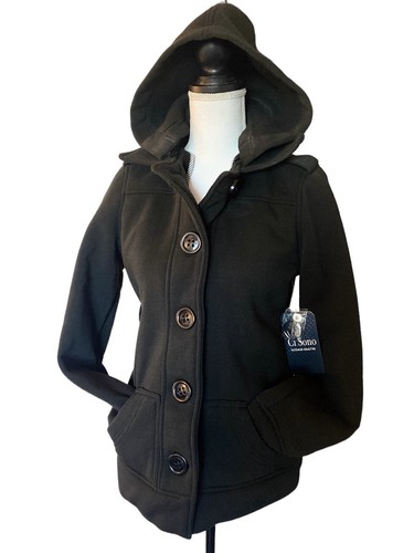 Ci Sono By Cavalini Hooded Coat Jacket Button Style CF02 Black M - Picture 3 of 13