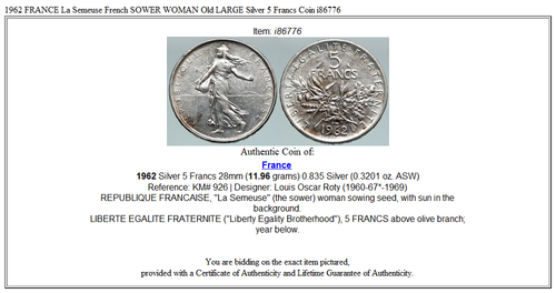 1962 FRANCE La Semeuse French SOWER WOMAN Old LARGE Silver 5 Francs Coin i86776 - Picture 3 of 3