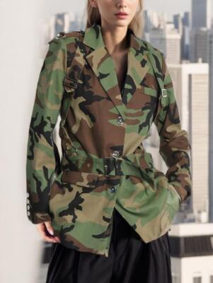 Women's Fashion Lapel Camouflage Buckle Strap Blazer Coat Suits