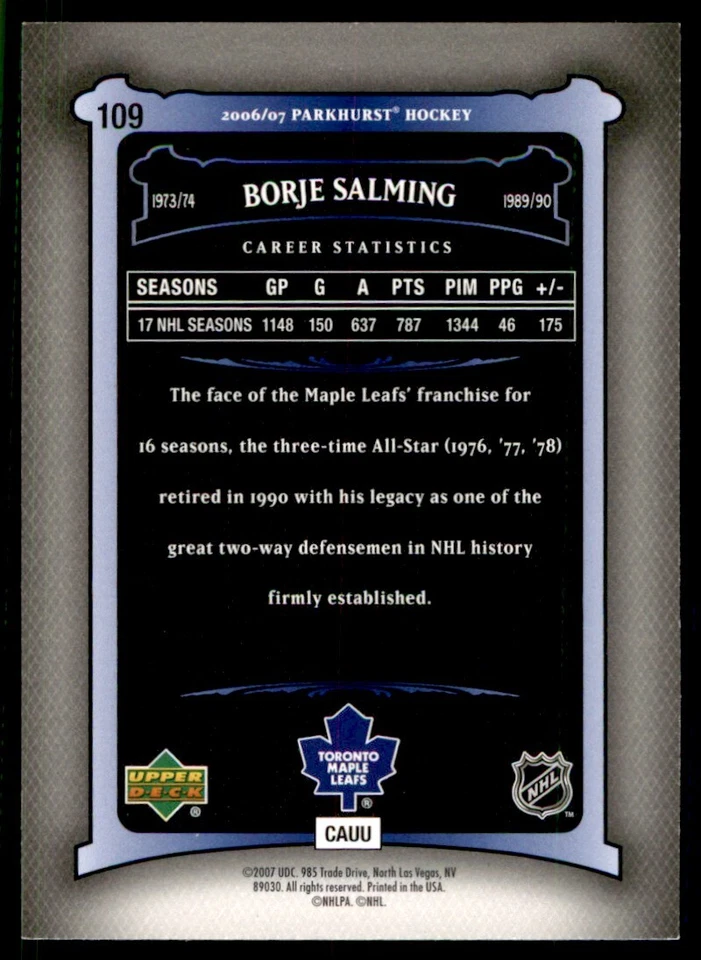 2006-07 Parkhurst Borje Salming Toronto Maple Leafs #109 - Image 2 of 2
