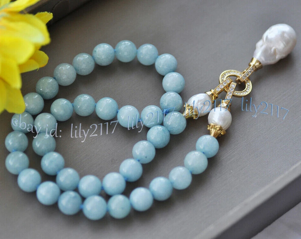 Natural Blue Aquamarine Gems Beaded White Keshi Baroque Pearl Pendant Necklace - Image 3 of 4