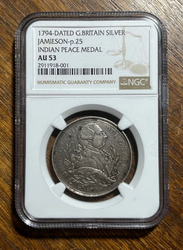 1794 George III Simcoe Indian Peace Medal - NGC AU53 - Jamieson-p.25 - RARE
