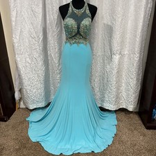 formal aqua blue with silver beads and a train size 4 prom bridesmaid dress