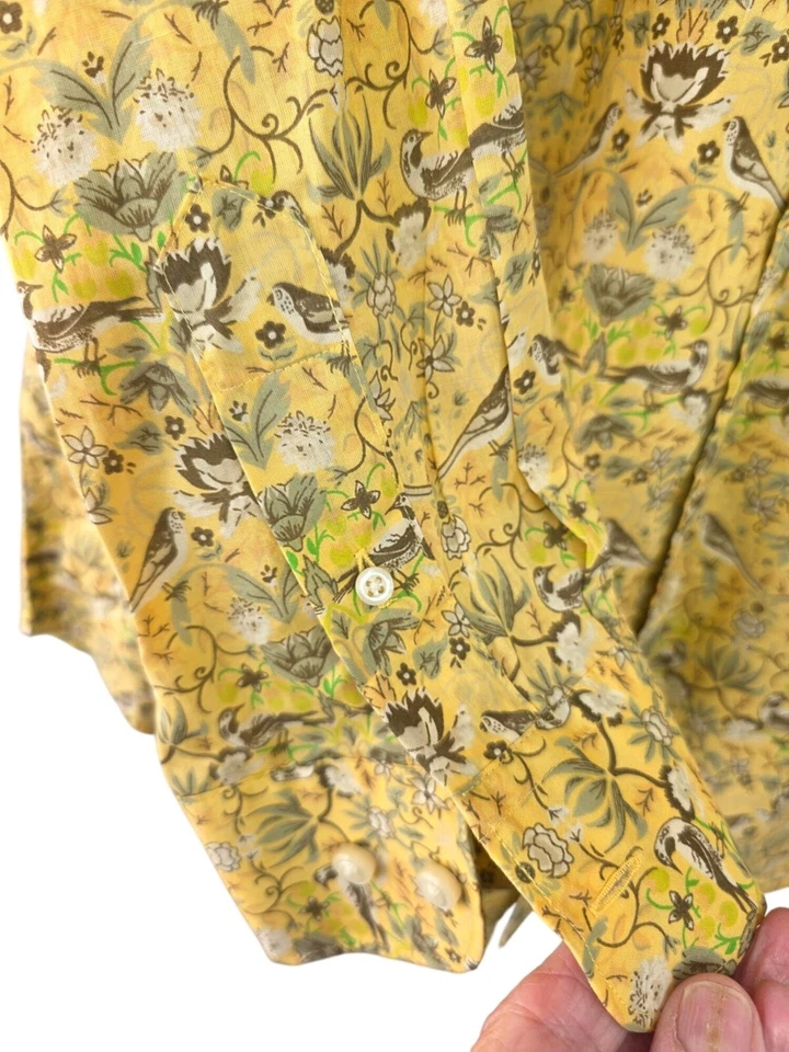 Northern Isles Cotton Shirt Men Sz L Pale Yellow Bird Floral Print VTG Style NWT - Image 3 of 4