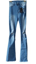 Jeans Donna Vita Alta con Strappi Orlo Grezzo W28 L32 Denim Elasticizzati Blu 