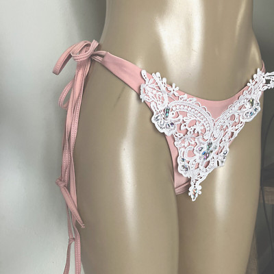 Embellished Bikini Bottom L Rose Lace Jeweled Side ties Night Pole Samba Dancer
