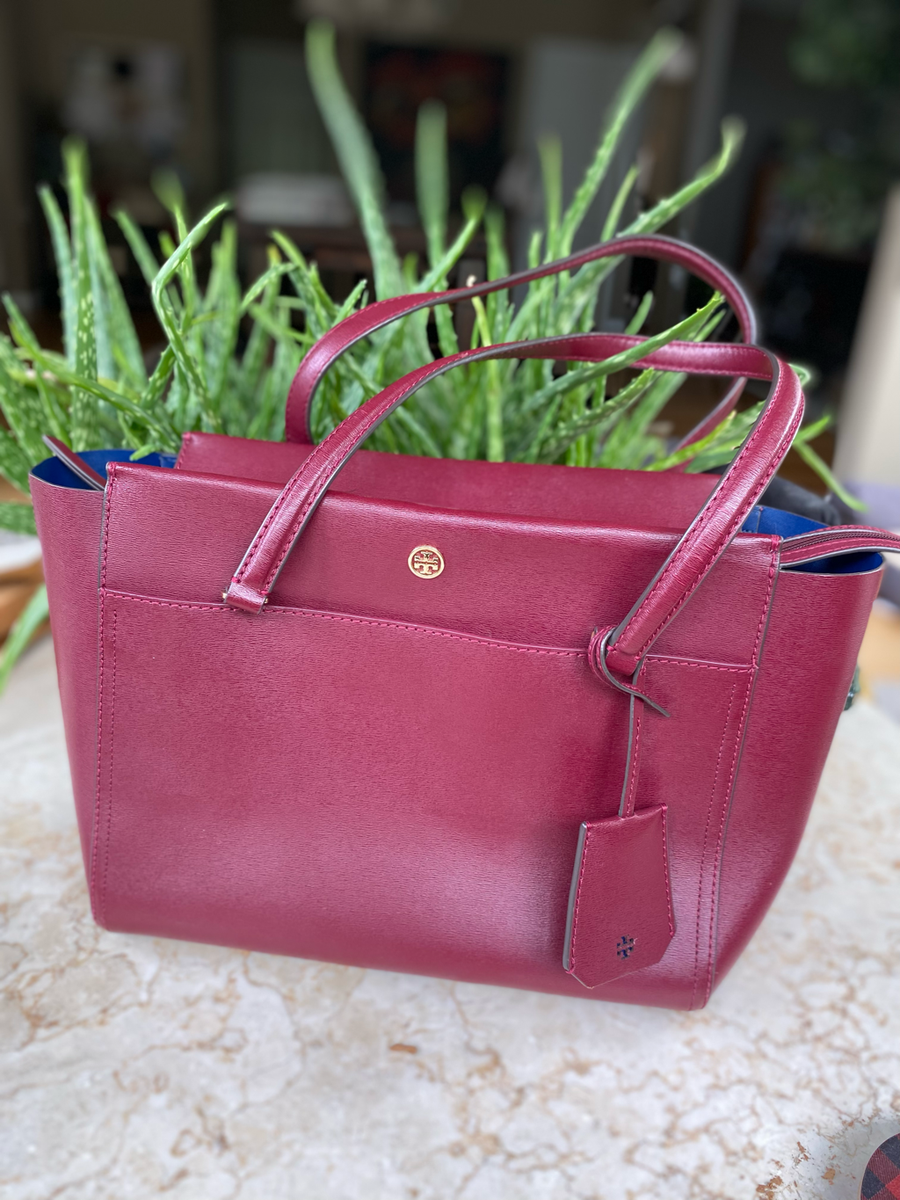 TORY BURCH バーガンディ トートバッグ Tory Burch burgundy red tote handbag with blue inside | eBay