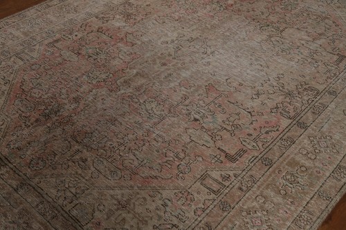 Vintage Geometric Muted Pink Tebriz Area Rug 7x9 Hand-knotted Living Room Carpet - Picture 7 of 24