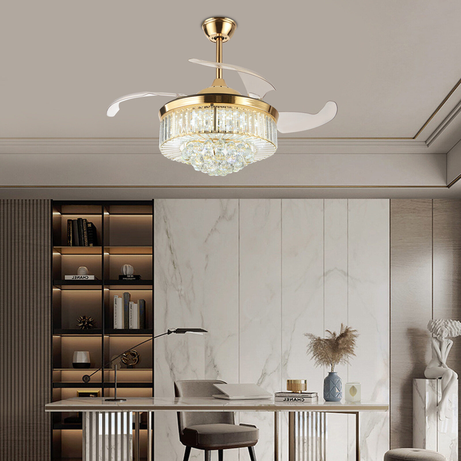 3-Color Crystal Chandelier, Ceiling Fan Light, Ceiling Fan Light with Remote