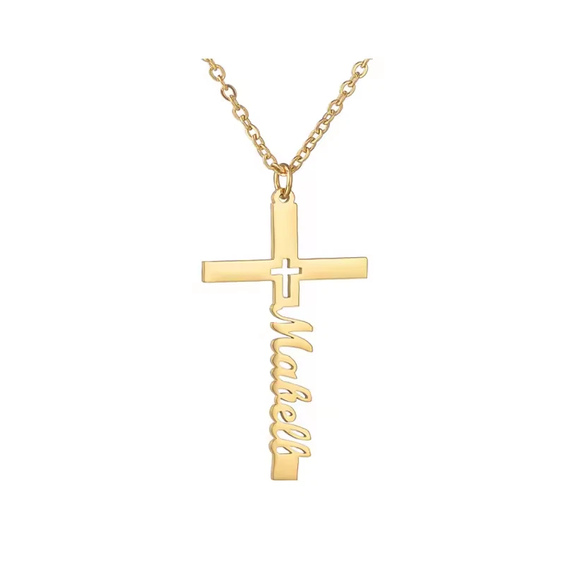 Customized Cross Name Necklace Men Women Pendant Stainless Steel Jewelry Silver - Image 2 of 3
