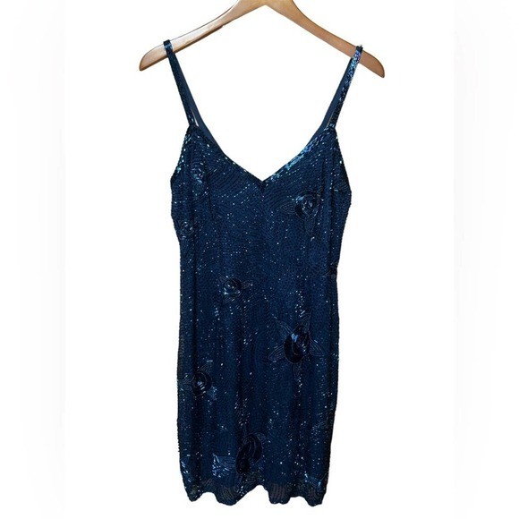 Oleg Cassini Vintage Black Tie Beaded Navy Blue Mini Dress Size 10 Swiftie