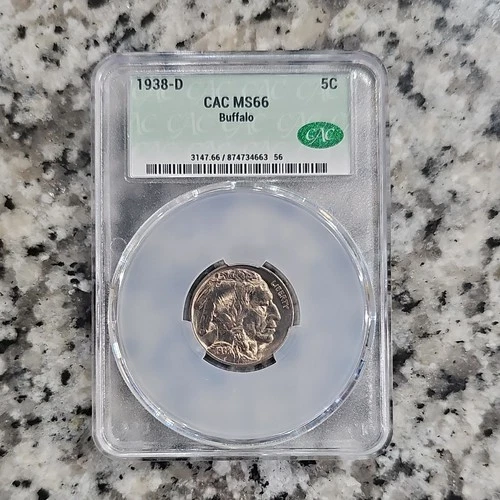 UNDER VALUE BY $60.00 Buffalo Nickel 1938-D CAC MS66 Uncirculated Denver 5C