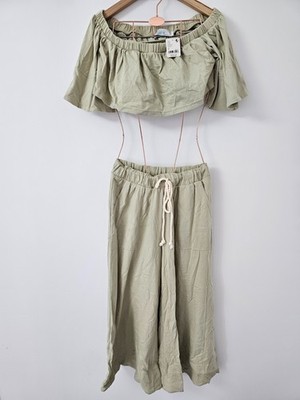 Free People Co Ord Set Womens M Green Off Shoulder Crop Top Wide Leg