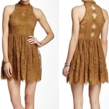 Free People Verushka Dress Floral Lace Mini Fit & Flare High Neck Golden Honey 8