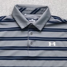 Under Armour Polo Shirt Men's Medium Blue Stripe Golf Performance Heatgear Logo